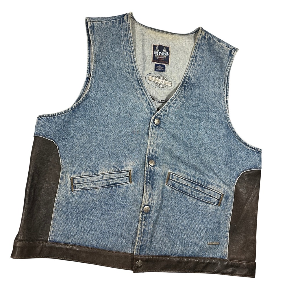 VTG Harley-Davidson Biker Blues Denim Leather Vest Men XL Blue Brown Made in USA